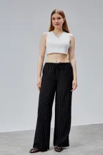 Kadın Pantolon Geniş Paça Yüksel Bel Cepli Çizgili Pantolon ÇİZGİLİ-PANTOLON