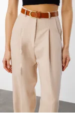 Women's Skinny Leg Pleated Belted Seasonal Fabric Trousers BELTED-TROUSERS