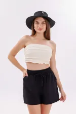 Genıus Store Kadın Şort Aerobin Pamuklu Cepli Çekmez Kumaş Beli Lastikli Şort