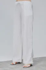 Pantalon rayé taille haute à jambes larges pour femme avec poches