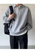 Sweat-shirt oversize à col polo pour homme, demi-zip