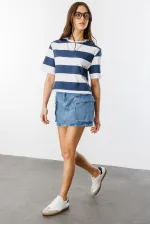 Boxy Fit Bisiklet Yaka Çizgili Basic Kısa Kollu Tişört CROP-ÇİZGİLİ