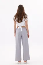 Women's Wide Leg Trousers Cotton Viscose Pocketed Trousers with Elastic Waist WIDE LEG-TROUSERS