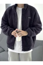 Oversize Peluş Tam Fermuarlı Sweatshirt Peluş İçi Polarlı Sherpa Kumaş Sweatshirt