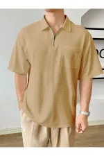 Erkek Oversize Polo Yaka Waffle T-Shirt  POLOYAKA-FERMUARLI