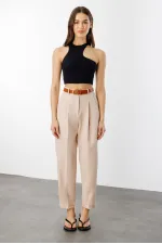 Women's Skinny Leg Pleated Belted Seasonal Fabric Trousers BELTED-TROUSERS