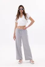 Women's Wide Leg Trousers Cotton Viscose Pocketed Trousers with Elastic Waist WIDE LEG-TROUSERS
