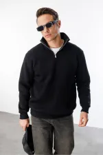 Sweat-shirt unisexe, coupe décontractée, coton, doublure polaire, demi-zip, col montant