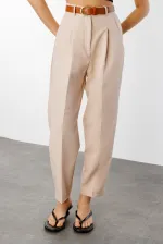 Women's Skinny Leg Pleated Belted Seasonal Fabric Trousers BELTED-TROUSERS