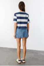 Boxy Fit Bisiklet Yaka Çizgili Basic Kısa Kollu Tişört CROP-ÇİZGİLİ
