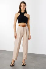 Women's Skinny Leg Pleated Belted Seasonal Fabric Trousers BELTED-TROUSERS