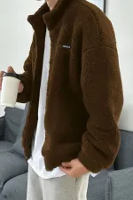 Oversize Peluş Tam Fermuarlı Sweatshirt Peluş İçi Polarlı Sherpa Kumaş Sweatshirt