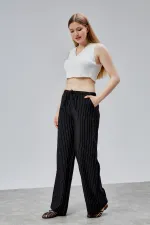 Kadın Pantolon Geniş Paça Yüksel Bel Cepli Çizgili Pantolon ÇİZGİLİ-PANTOLON