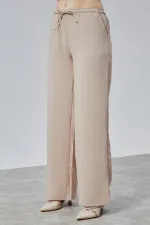 Kadın Pantolon Geniş Paça Yüksel Bel Cepli Çizgili Pantolon ÇİZGİLİ-PANTOLON