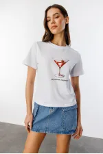 T-shirt court à manches courtes et col rond en coton biologique imprimé cocktail pour femme COCKTAIL-T-SHIRT