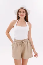 Genıus Store Kadın Şort Aerobin Pamuklu Cepli Çekmez Kumaş Beli Lastikli Şort