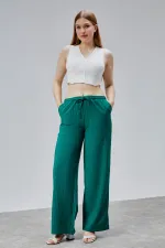 Kadın Pantolon Geniş Paça Yüksel Bel Cepli Çizgili Pantolon ÇİZGİLİ-PANTOLON