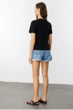 Kadın T-shirt Kısa Kollu Organik Pamuklu Bisiklet Yaka Crop T-shirt