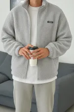 Sweat-shirt oversize en peluche avec fermeture éclair intégrale, doublé polaire sherpa