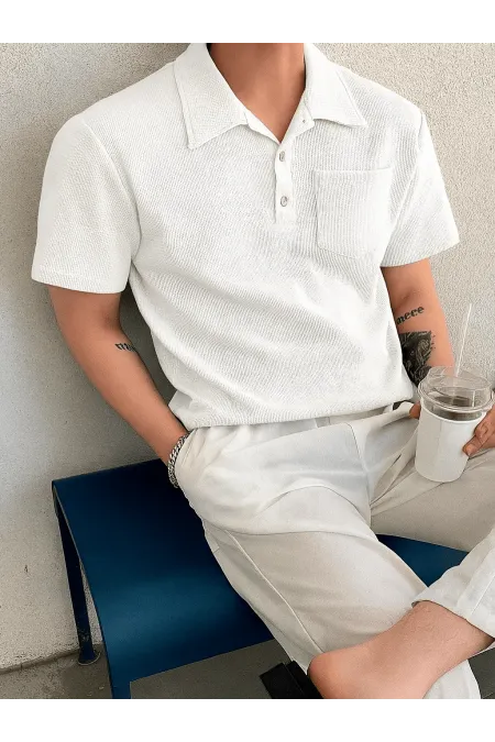 Men's Oversize Polo Collar Waffle T-Shirt (Pole Collar - Buttoned)