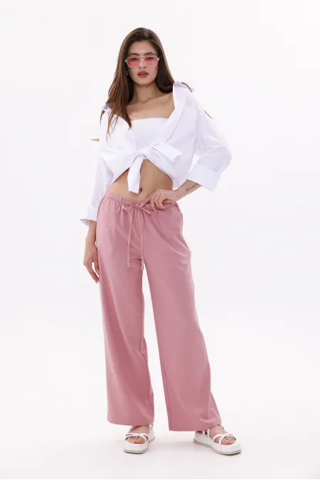 Women's Wide Leg Cotton Viscose Pants with Pockets, Elastic Waistband. WIDE LEG PANTS