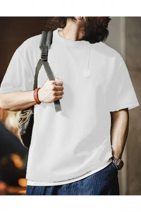 Erkek Oversize Bisiklet Yaka Kısa Kollu Waffle Tişört WAFFLE-BİSİKLETYAKA