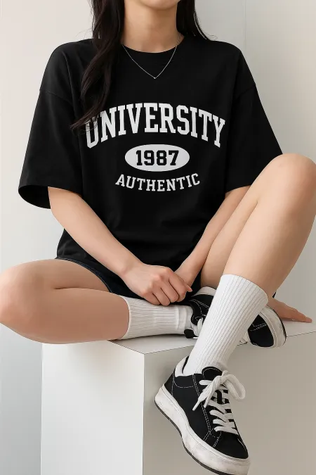 Kadın Tişört Baskılı Uzun T-shirt Pamuklu Oversize Tişört UNIVERSİTY-KADIN