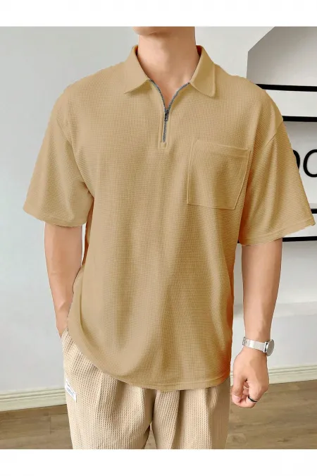 T-shirt polo oversize pour homme, col gaufré - COL POLO - FERMETURE ÉCLAIR