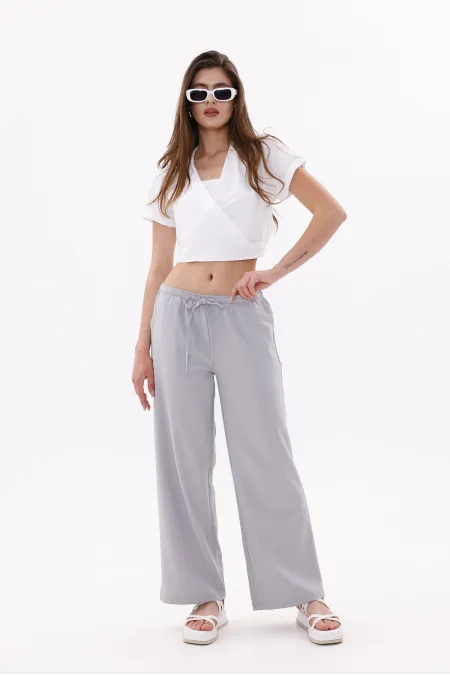 Women's Wide Leg Cotton Viscose Pants with Pockets, Elastic Waistband. WIDE LEG PANTS