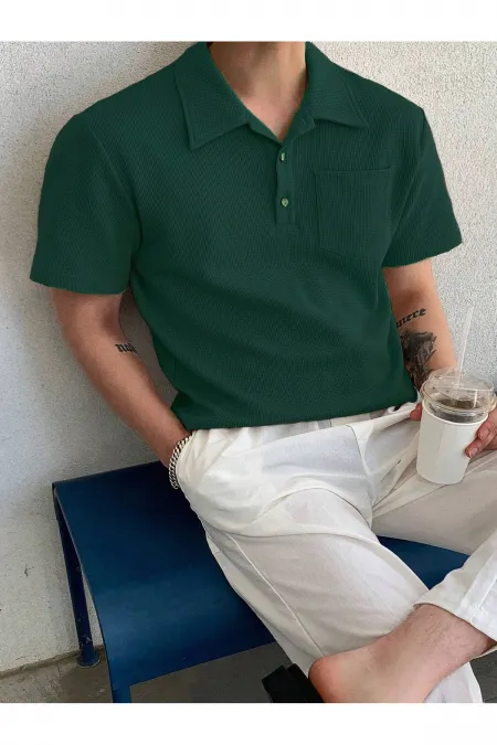 Men's Oversize Polo Collar Waffle T-Shirt (Pole Collar - Buttoned)