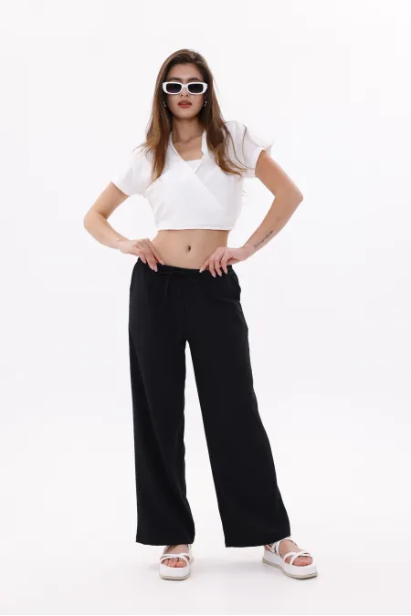 Women's Wide Leg Cotton Viscose Pants with Pockets, Elastic Waistband. WIDE LEG PANTS