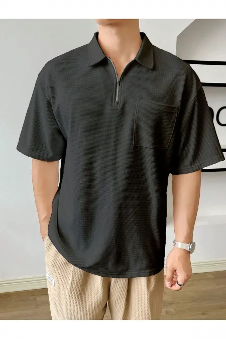 T-shirt polo oversize pour homme, col gaufré - COL POLO - FERMETURE ÉCLAIR