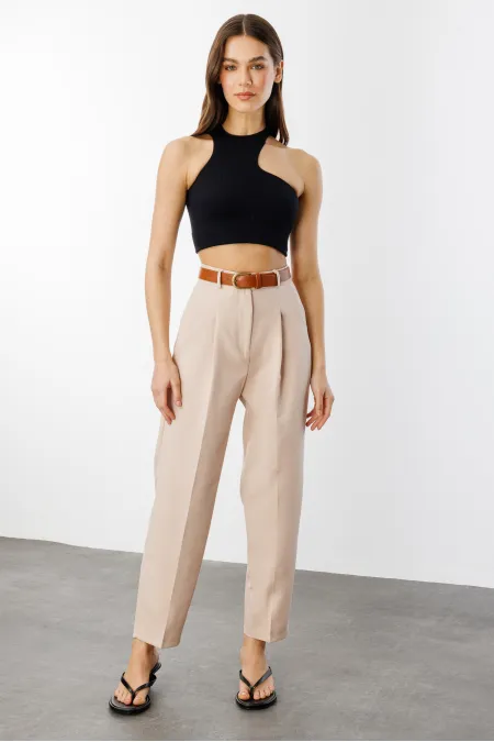 Women's Skinny Leg Pleated Belted Seasonal Fabric Trousers BELTED-TROUSERS