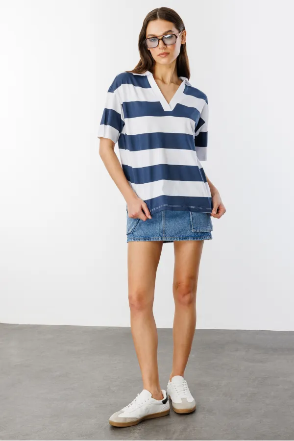 Relax Fit Çizgili Penye Kısa Kollu Polo Tişört ÇİZGİLİ-POLOYAKA