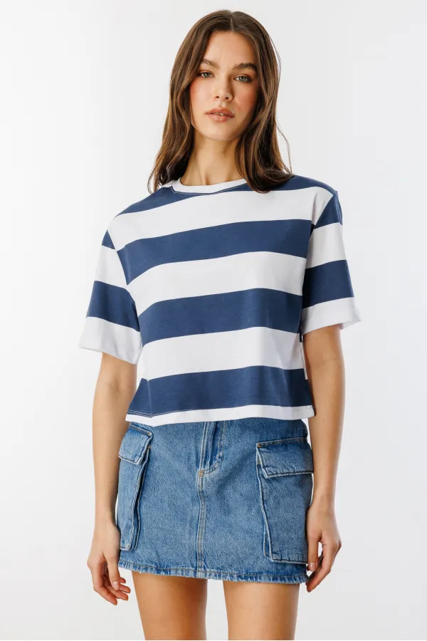 Boxy Fit Bisiklet Yaka Çizgili Basic Kısa Kollu Tişört CROP-ÇİZGİLİ