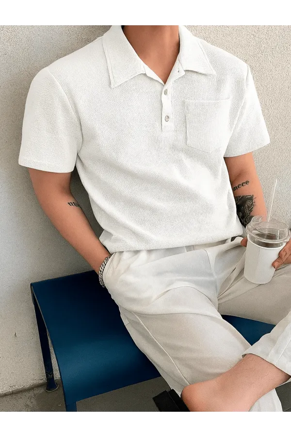 Erkek Oversize Polo Yaka  Waffle T-Shirt  POLOYAKA-DÜĞMELİ
