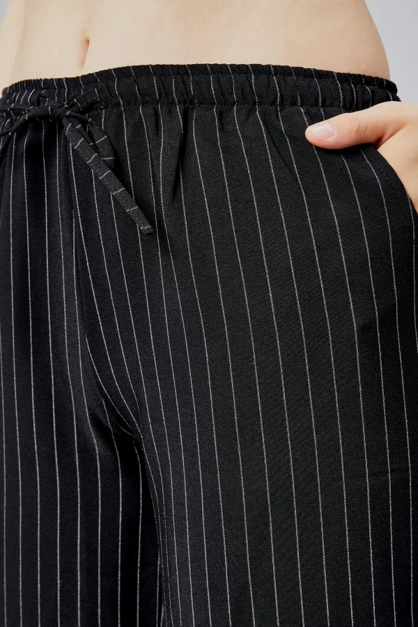 Kadın Pantolon Geniş Paça Yüksel Bel Cepli Çizgili Pantolon ÇİZGİLİ-PANTOLON