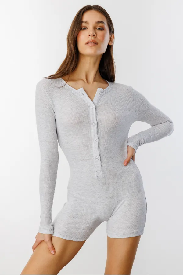 GENIUS STORE Ribbed Long Sleeve Short Jumpsuit Romper LONG SLEEVE-JUMPSUIT