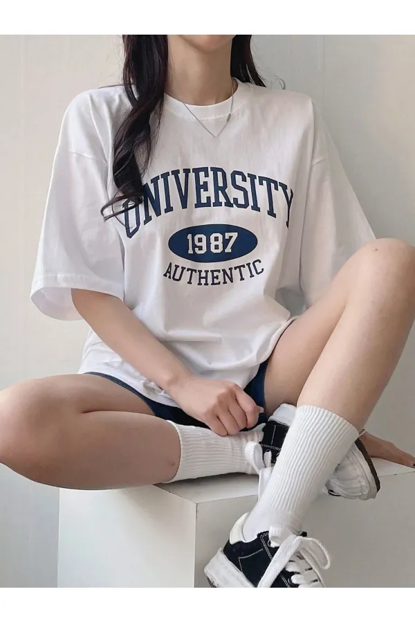 Kadın Tişört Baskılı Uzun T-shirt Pamuklu Oversize Tişört UNIVERSİTY-KADIN