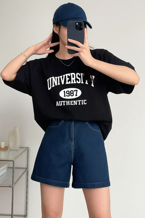 Kadın Tişört Baskılı Uzun T-shirt Pamuklu Oversize Tişört UNIVERSİTY-KADIN