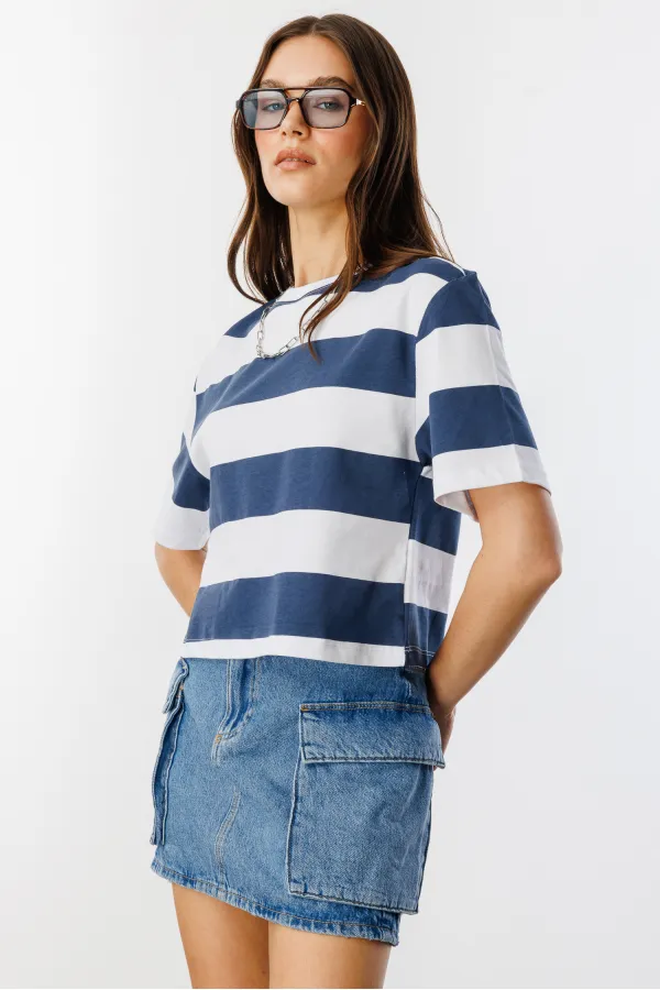 Boxy Fit Bisiklet Yaka Çizgili Basic Kısa Kollu Tişört CROP-ÇİZGİLİ