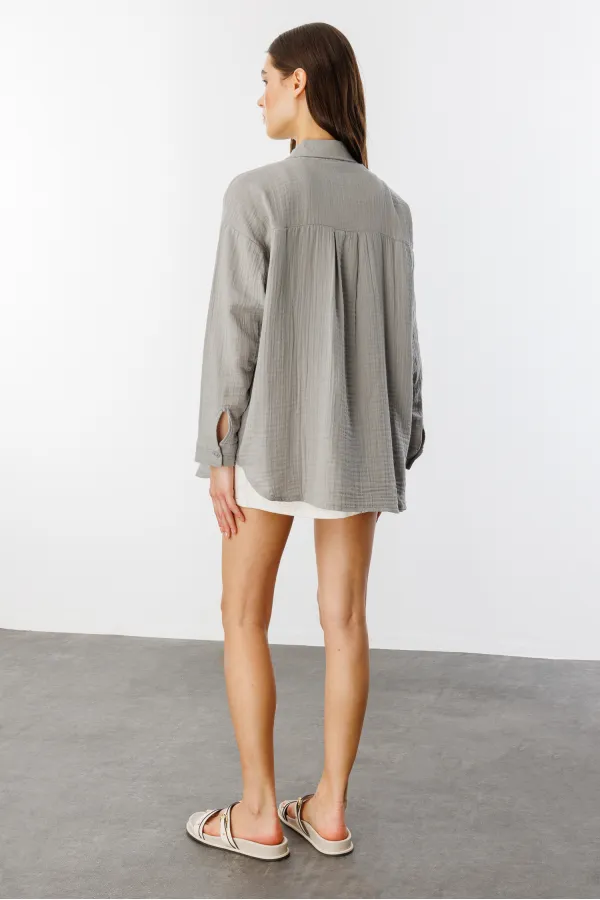 Oversize Basic Müslin Kadın Gömlek KADIN-MÜSLİN-GÖMLEK
