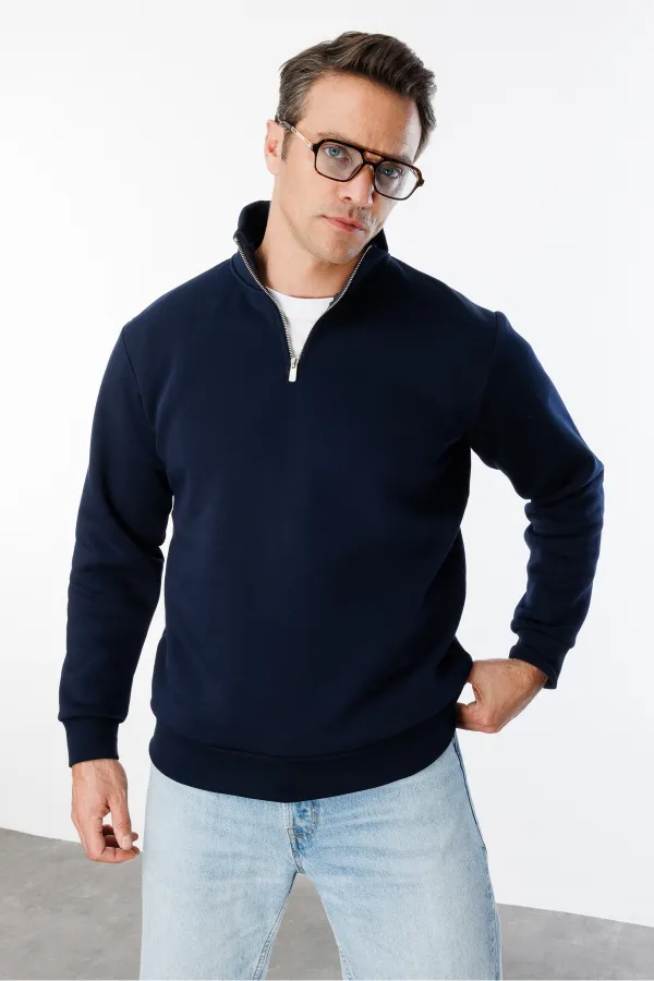 Unisex Sweatshirt, Relaxed Fit, Cotton, Fleece Lined, Half-Zip, Stand-Up Collar Sweatshirt