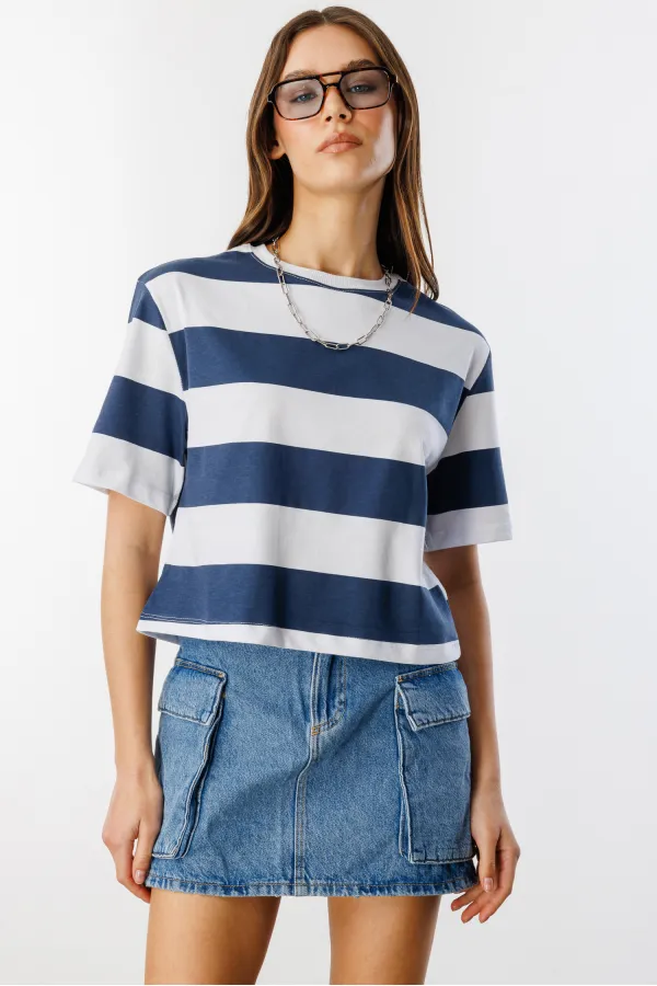 Boxy Fit Bisiklet Yaka Çizgili Basic Kısa Kollu Tişört CROP-ÇİZGİLİ