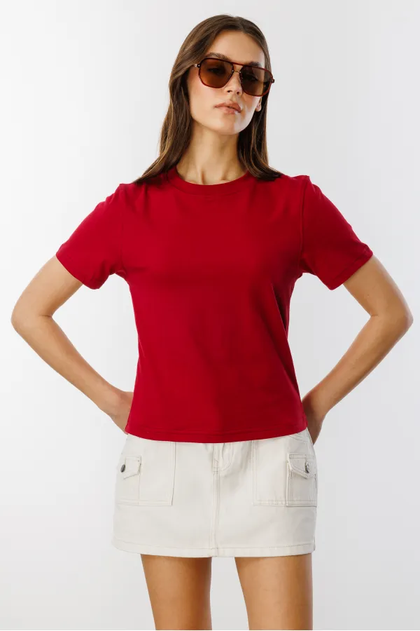 Kadın T-shirt Kısa Kollu Organik Pamuklu Bisiklet Yaka Crop T-shirt