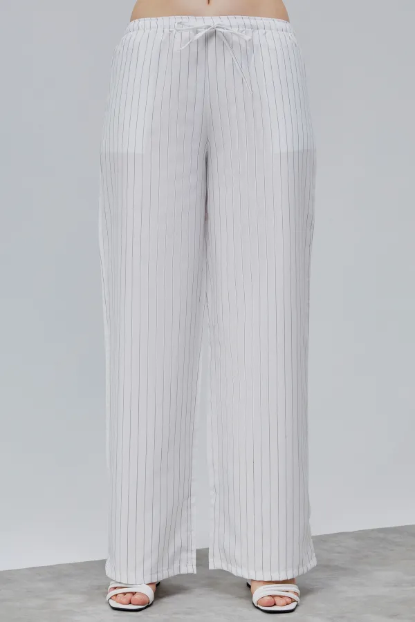 Pantalon rayé taille haute à jambes larges pour femme avec poches