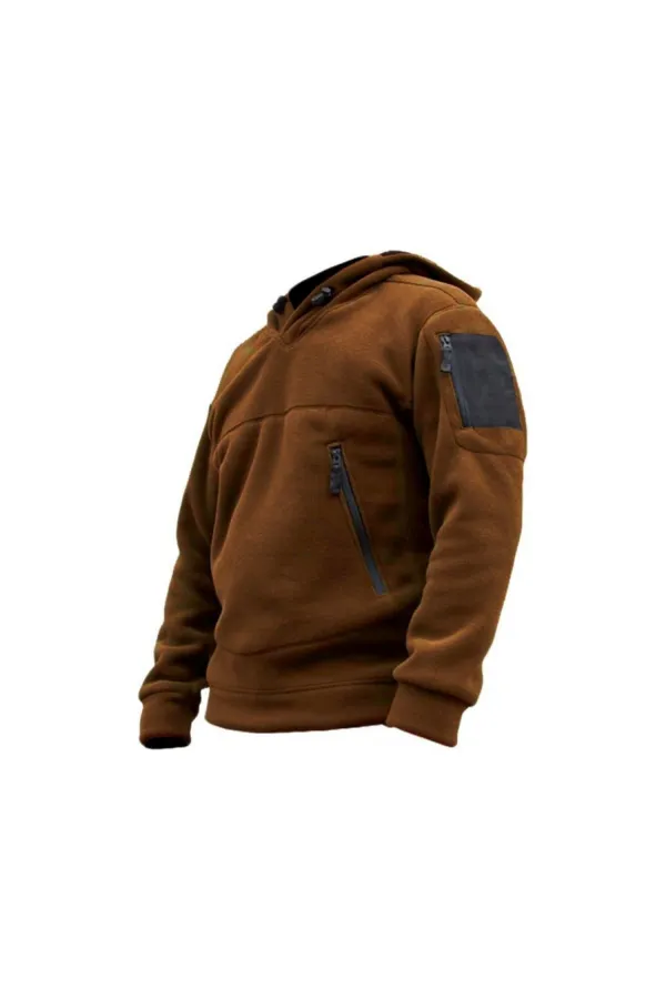 Veste polaire tactique à capuche pour homme avec poches, idéale pour les activités de plein air.