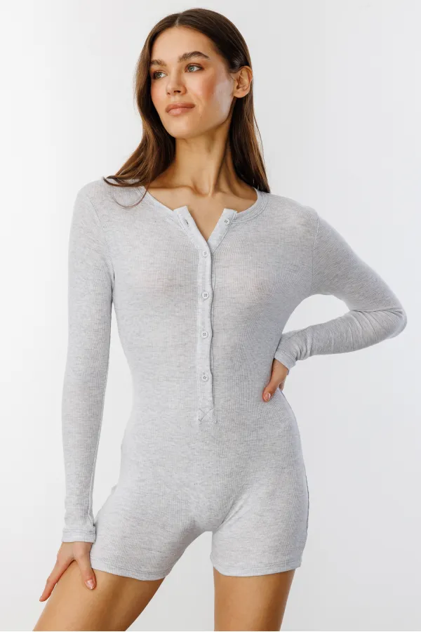 GENIUS STORE Ribbed Long Sleeve Short Jumpsuit Romper LONG SLEEVE-JUMPSUIT