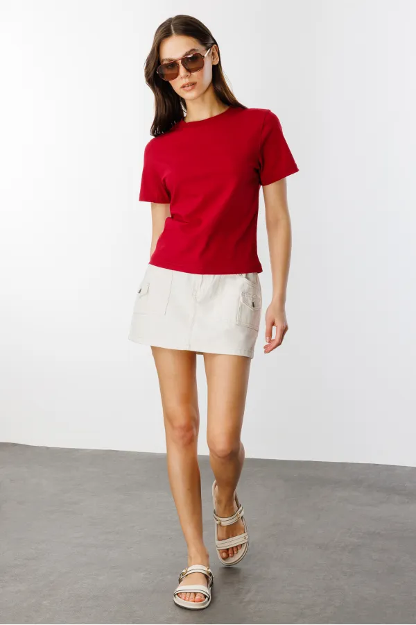 Kadın T-shirt Kısa Kollu Organik Pamuklu Bisiklet Yaka Crop T-shirt