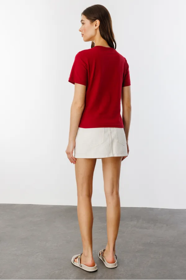 Kadın T-shirt Kısa Kollu Organik Pamuklu Bisiklet Yaka Crop T-shirt